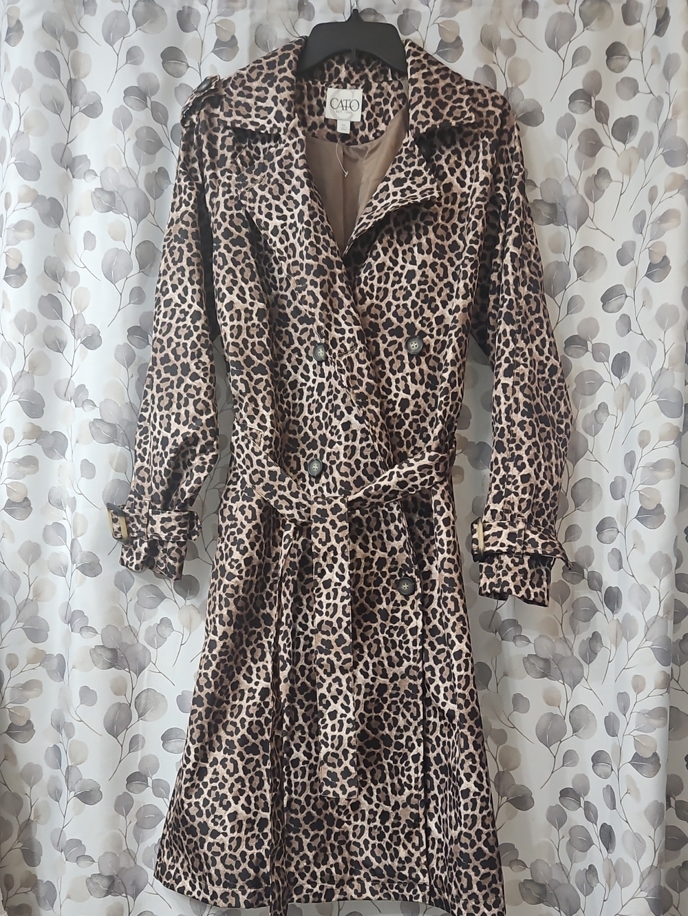 Cato Leopard-Print Lightweight Trench Coat- Beige, Brown